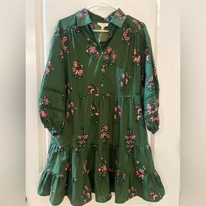 entro Forest Green Floral Tiered Shirt Dress with Pink Accents